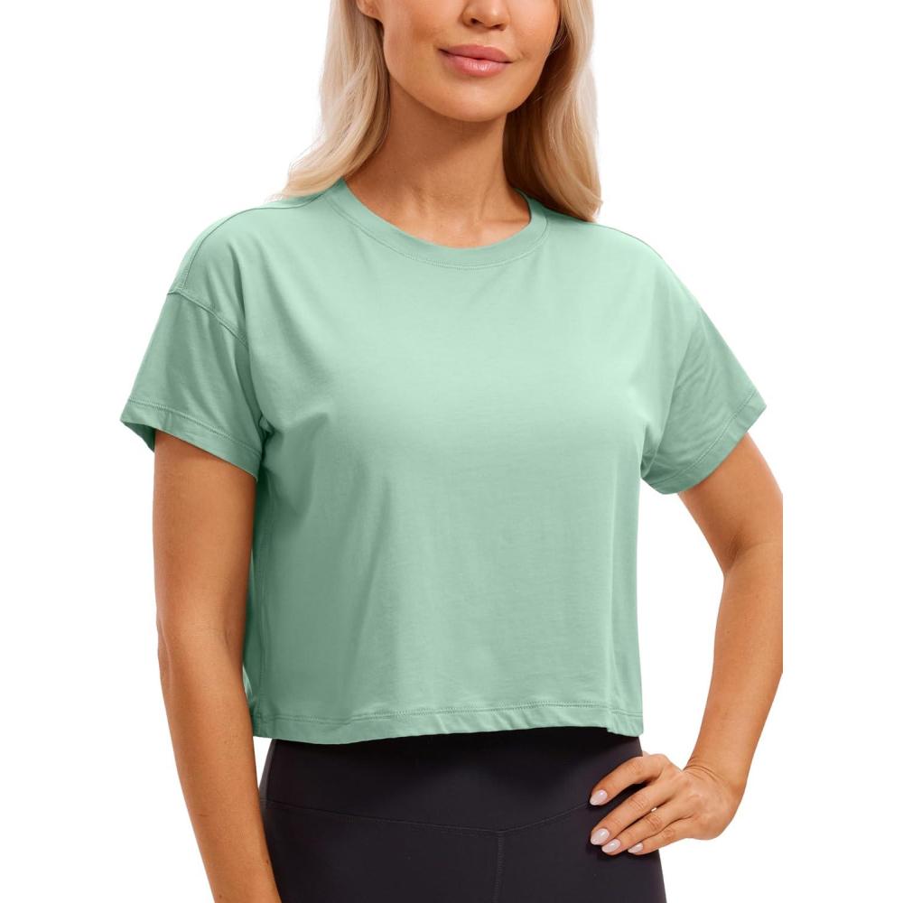 imageCRZ YOGA Pima Cotton Relaxed Crop TShirts for Women  Workout Athletic Gym Casual Short Sleeve Shirts Loose Crewneck TopsSoft Seagrass