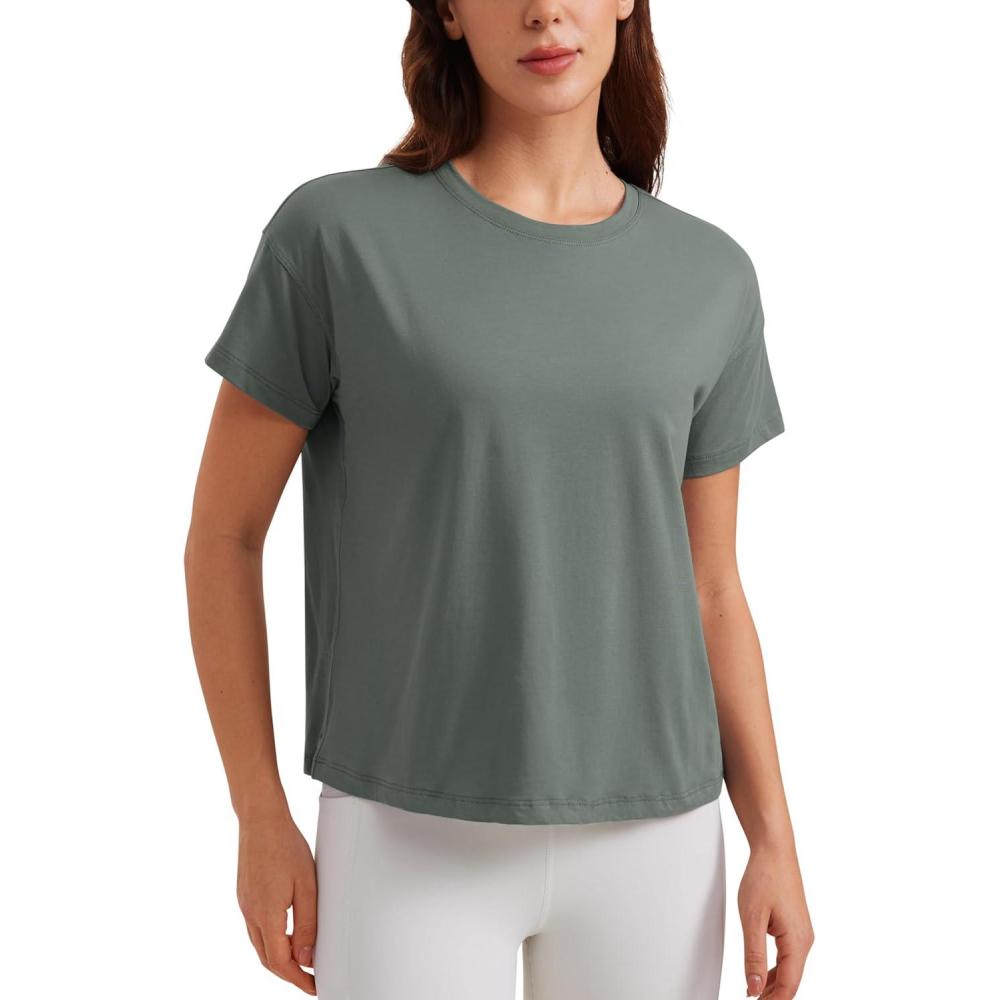 imageCRZ YOGA Pima Cotton Relaxed TShirts for Women  Workout Athletic Gym Casual Short Sleeve Shirts Basic Crewneck Hip TopsGrey Sage
