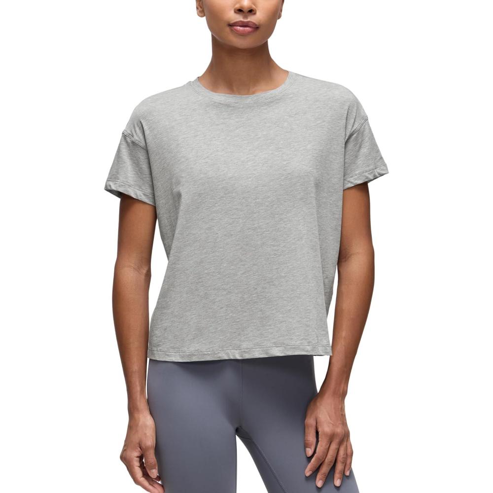 imageCRZ YOGA Pima Cotton Relaxed TShirts for Women  Workout Athletic Gym Casual Short Sleeve Shirts Basic Crewneck Hip TopsHeathered Medium Grey