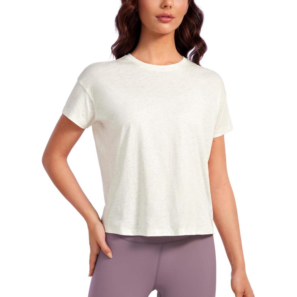 imageCRZ YOGA Pima Cotton Relaxed TShirts for Women Workout Athletic Gym Casual Short Sleeve Shirts Basic Crewneck Hip TopsIce GreyWhite
