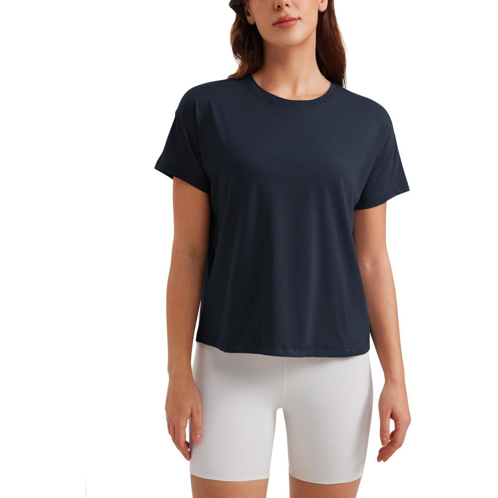 imageCRZ YOGA Pima Cotton Relaxed TShirts for Women  Workout Athletic Gym Casual Short Sleeve Shirts Basic Crewneck Hip TopsTrue Navy