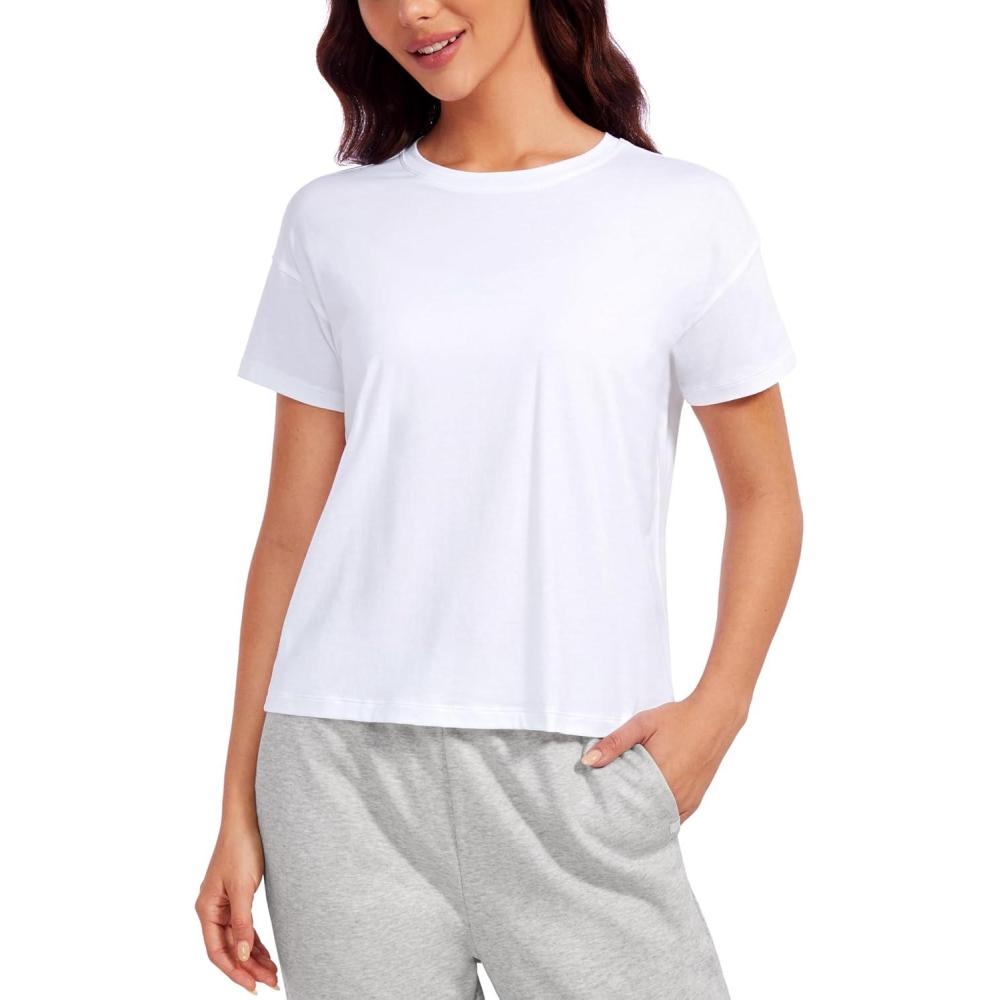 imageCRZ YOGA Pima Cotton Relaxed TShirts for Women  Workout Athletic Gym Casual Short Sleeve Shirts Basic Crewneck Hip TopsWhite