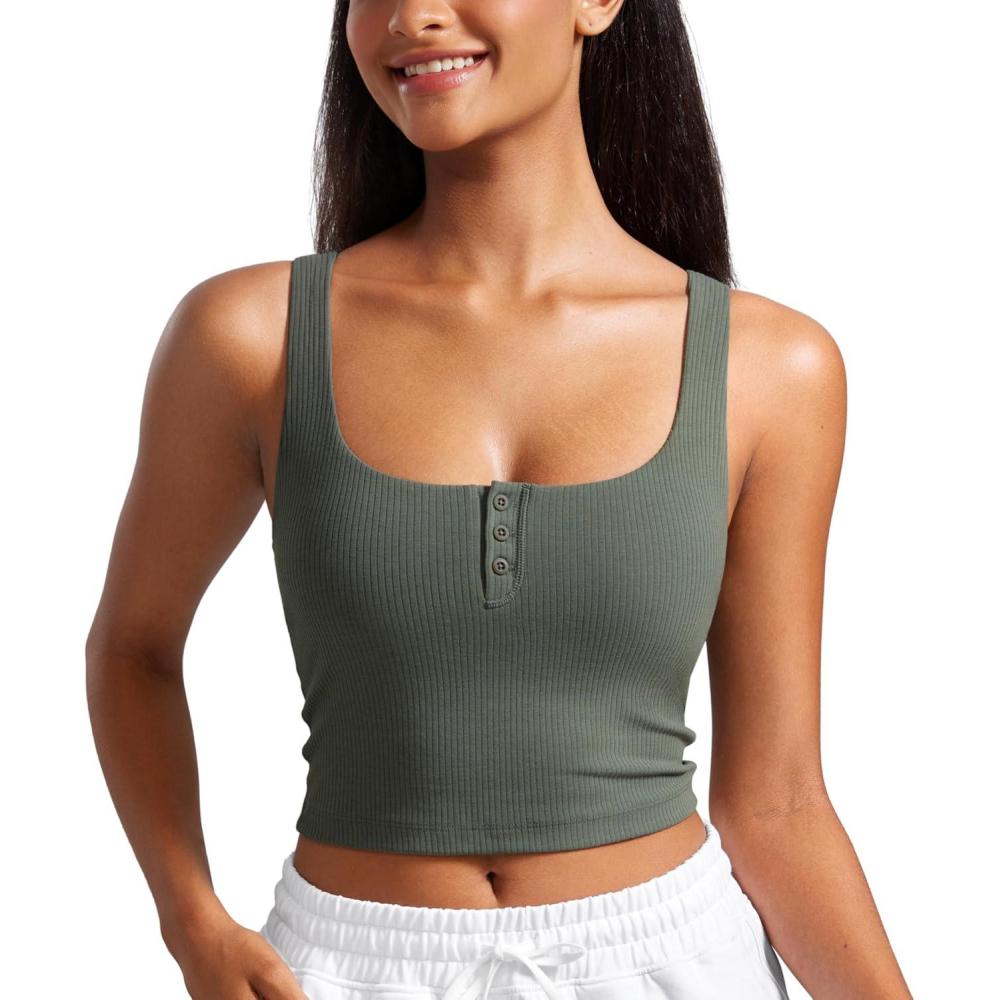imageCRZ YOGA Ribbed Henley Crop Tank Tops for Women  Square Back Padded Yoga Workout Longline Sports BrasGrey Sage