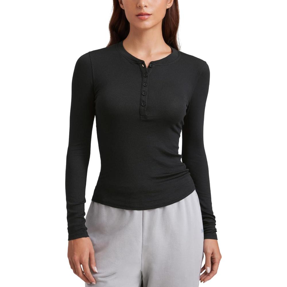 imageCRZ YOGA Ribbed Modal Henley Shirts for Women Comfort Casual Knit Long Sleeve Tops Soft Stretchy Basic Fitted LayeringBlack