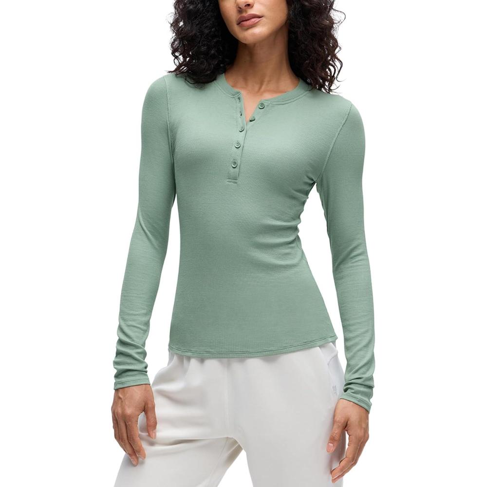 imageCRZ YOGA Ribbed Modal Henley Shirts for Women Comfort Casual Knit Long Sleeve Tops Soft Stretchy Basic Fitted LayeringGreen Palm Court