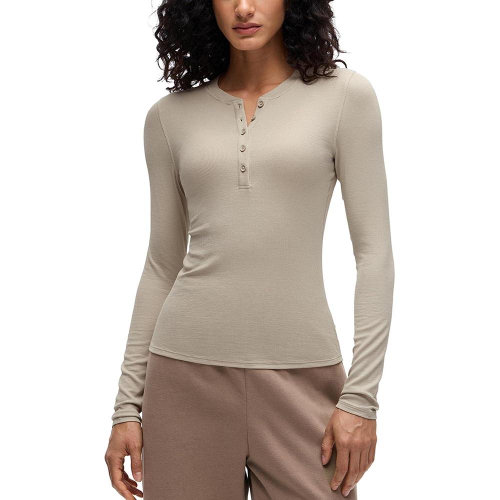 imageCRZ YOGA Ribbed Modal Henley Shirts for Women Comfort Casual Knit Long Sleeve Tops Soft Stretchy Basic Fitted LayeringMojave Tan