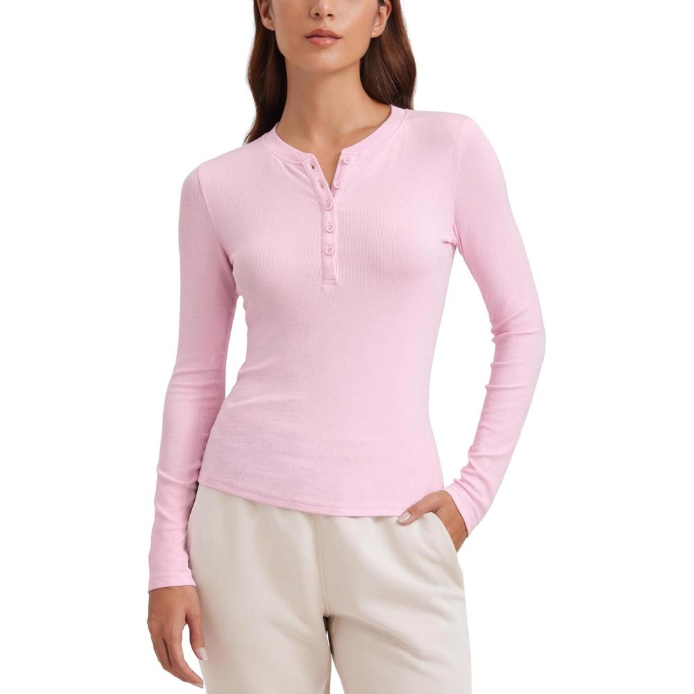imageCRZ YOGA Ribbed Modal Henley Shirts for Women Comfort Casual Knit Long Sleeve Tops Soft Stretchy Basic Fitted LayeringPink Peony