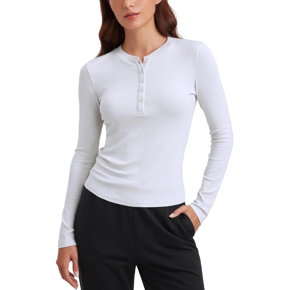 imageCRZ YOGA Ribbed Modal Henley Shirts for Women Comfort Casual Knit Long Sleeve Tops Soft Stretchy Basic Fitted LayeringWhite