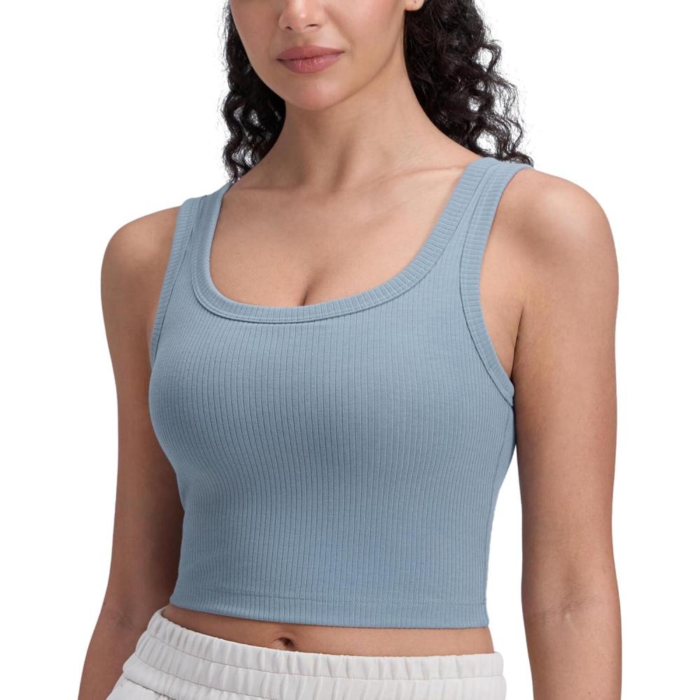 imageCRZ YOGA Ribbed Scoop Neck Crop Tank Tops for Women  Padded Longline Sports Bras Yoga Workout CamiCambric Blue