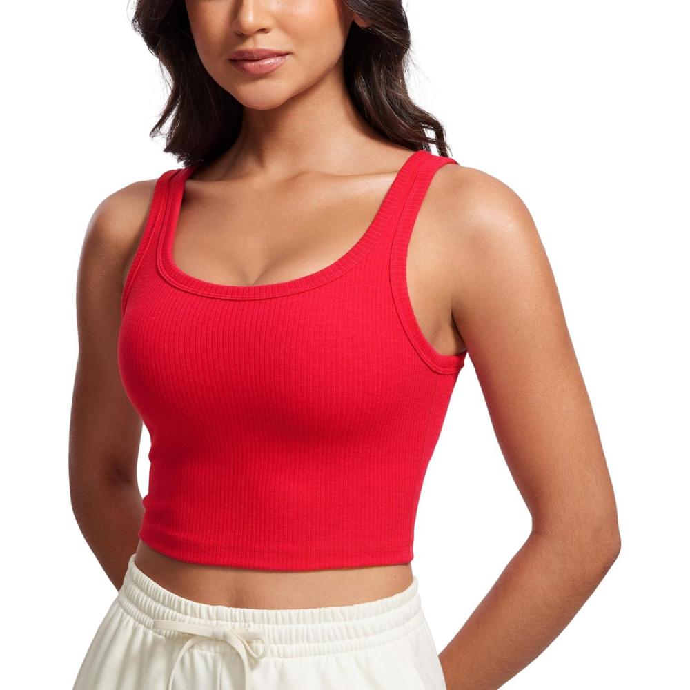 imageCRZ YOGA Ribbed Scoop Neck Crop Tank Tops for Women  Padded Longline Sports Bras Yoga Workout CamiDeep Red