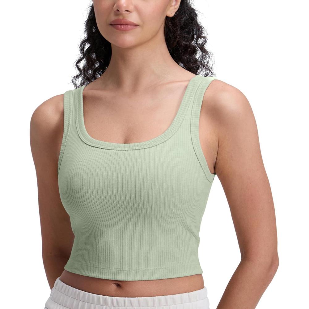imageCRZ YOGA Ribbed Scoop Neck Crop Tank Tops for Women  Padded Longline Sports Bras Yoga Workout CamiFog Green