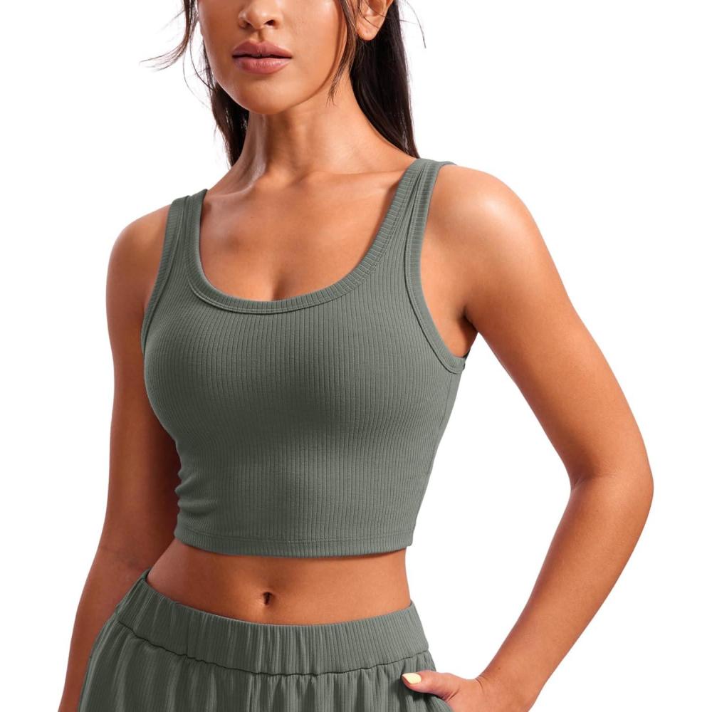 imageCRZ YOGA Ribbed Scoop Neck Crop Tank Tops for Women  Padded Longline Sports Bras Yoga Workout CamiGrey Sage