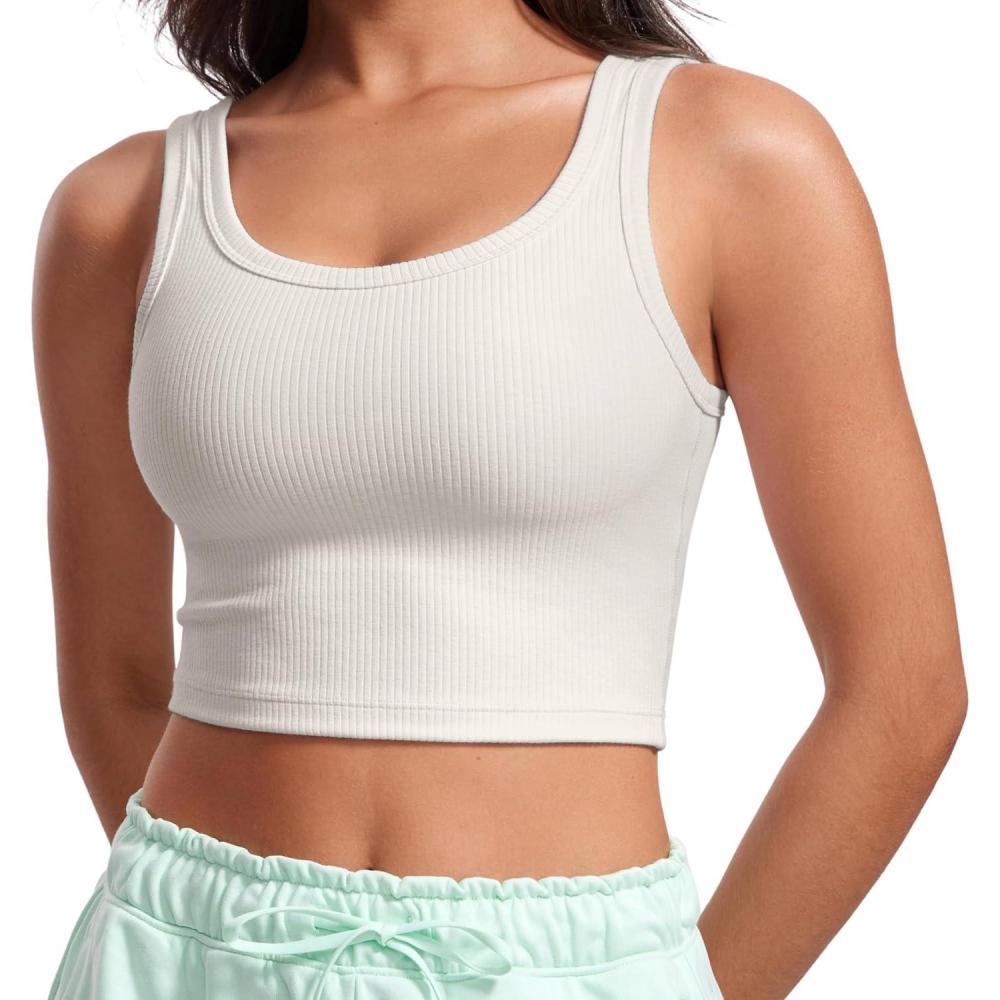 imageCRZ YOGA Ribbed Scoop Neck Crop Tank Tops for Women  Padded Longline Sports Bras Yoga Workout CamiMilky White Bone