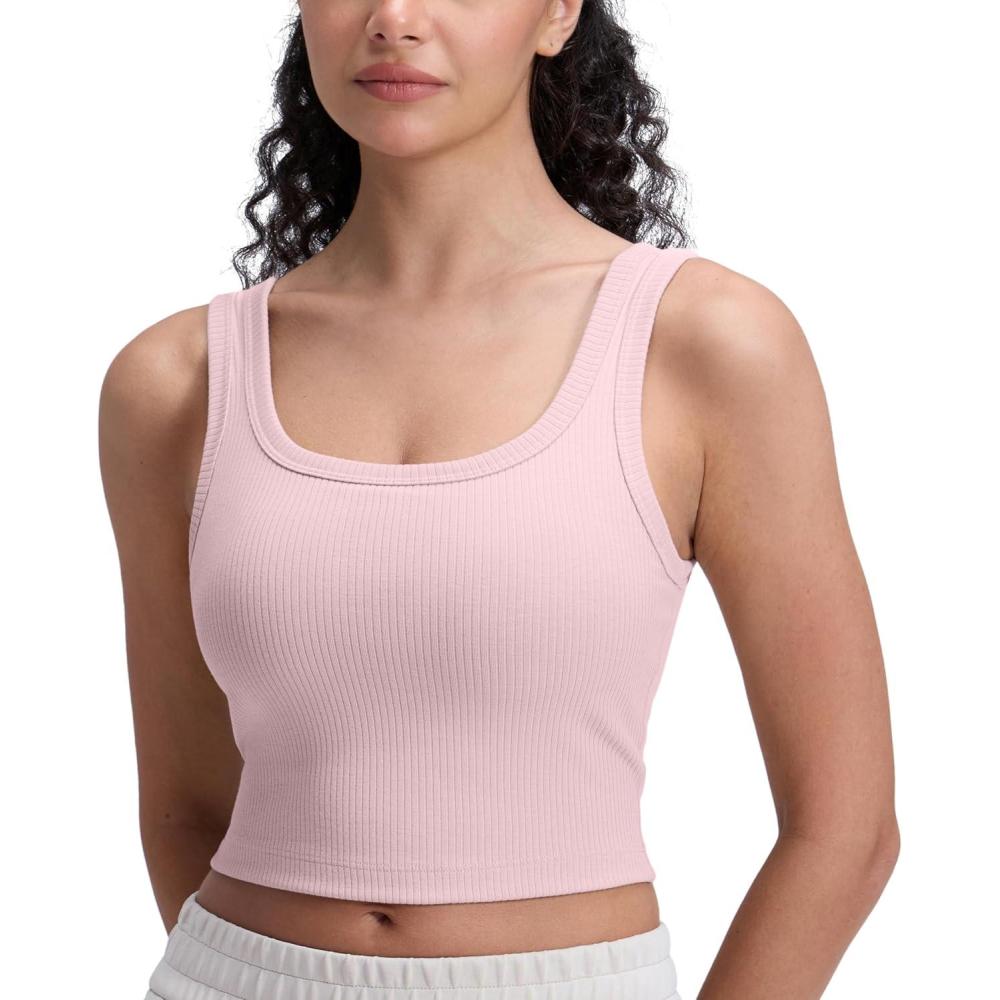 imageCRZ YOGA Ribbed Scoop Neck Crop Tank Tops for Women  Padded Longline Sports Bras Yoga Workout CamiPink Haze