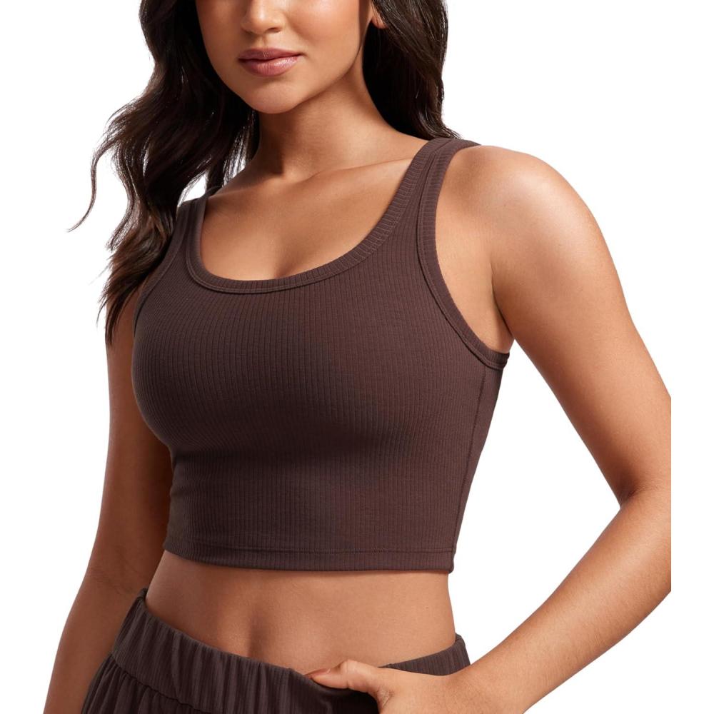 imageCRZ YOGA Ribbed Scoop Neck Crop Tank Tops for Women  Padded Longline Sports Bras Yoga Workout CamiTaupe