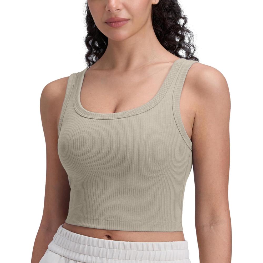 imageCRZ YOGA Ribbed Scoop Neck Crop Tank Tops for Women Padded Longline Sports Bras Yoga Workout CamiWarm Ash Grey