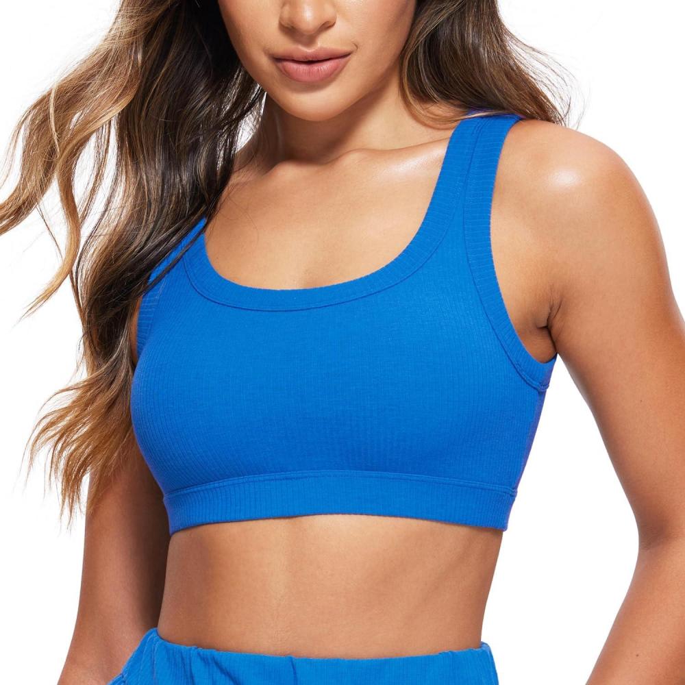 imageCRZ YOGA Ribbed Sports Bras for Women  U Back Wireless Medium Impact Padded Yoga Workout CamiSparkle Blue