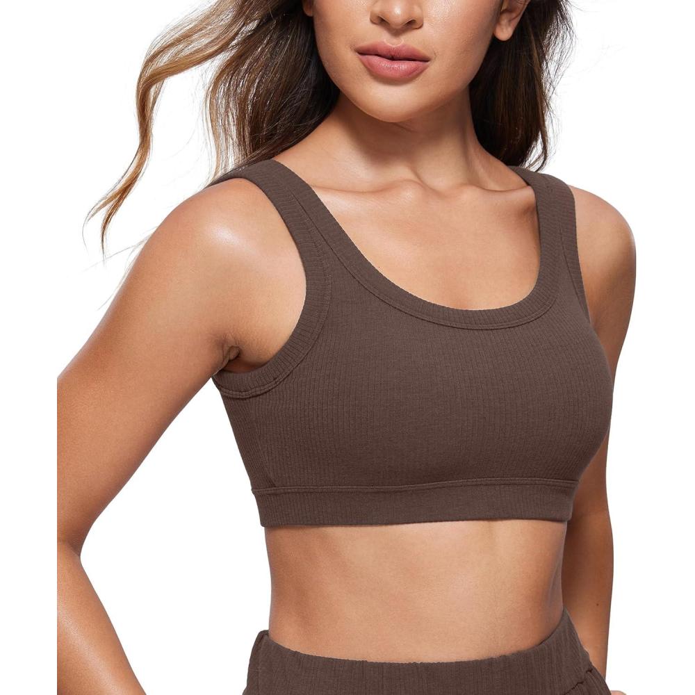 imageCRZ YOGA Ribbed Sports Bras for Women  U Back Wireless Medium Impact Padded Yoga Workout CamiTaupe