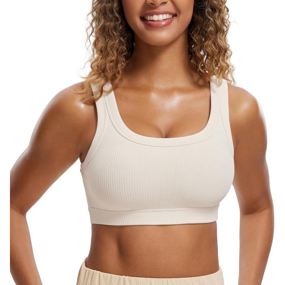 imageCRZ YOGA Ribbed Sports Bras for Women U Back Wireless Medium Impact Padded Yoga Workout CamiWhite Apricot
