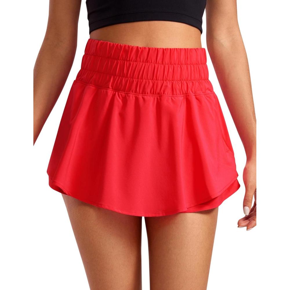 imageCRZ YOGA Ruffle Skirt Overlay Athletic Shorts for Women High Waisted Flowy for Workout Running Tennis with Zip PocketDeep Red