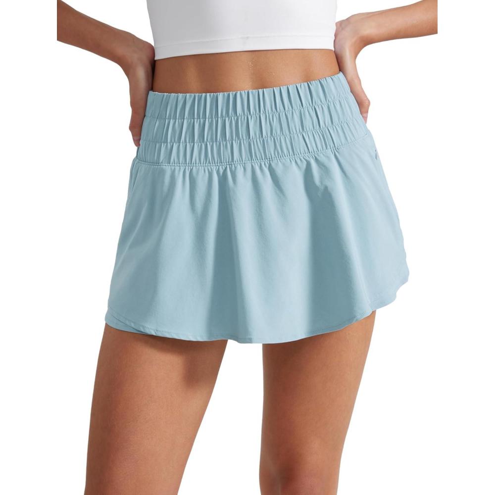 imageCRZ YOGA Ruffle Skirt Overlay Athletic Shorts for Women High Waisted Flowy for Workout Running Tennis with Zip PocketLight Grayish Blue