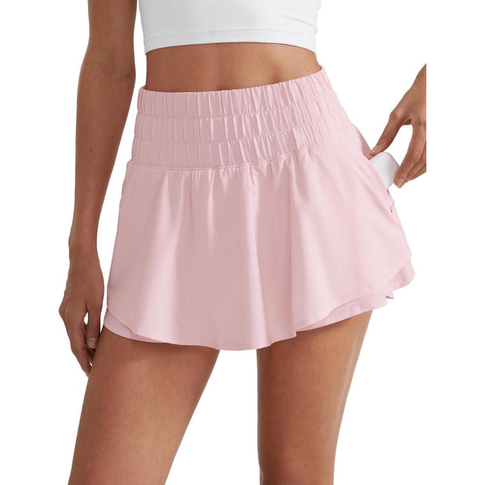 imageCRZ YOGA Ruffle Skirt Overlay Athletic Shorts for Women High Waisted Flowy for Workout Running Tennis with Zip PocketStrawberry Pink