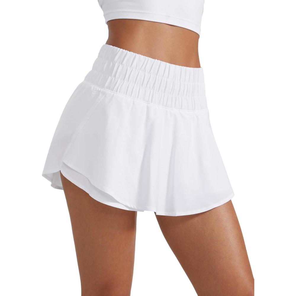 imageCRZ YOGA Ruffle Skirt Overlay Athletic Shorts for Women High Waisted Flowy for Workout Running Tennis with Zip PocketWhite