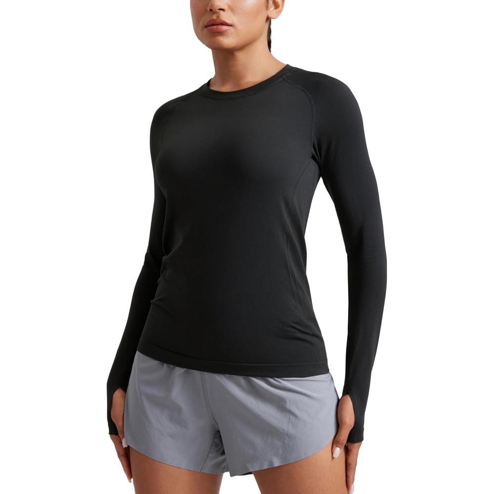 imageCRZ YOGA Seamless Long Sleeve Shirts for Women Hip Workout Athletic Running Gym Yoga Tops Breathable Crew Neck TShirtBlack