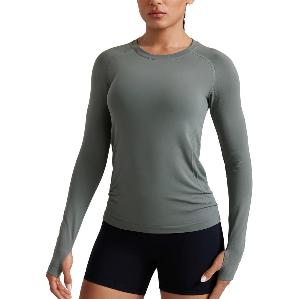 imageCRZ YOGA Seamless Long Sleeve Shirts for Women Hip  Workout Athletic Running Gym Yoga Tops Breathable Crew Neck TShirtGrey Sage