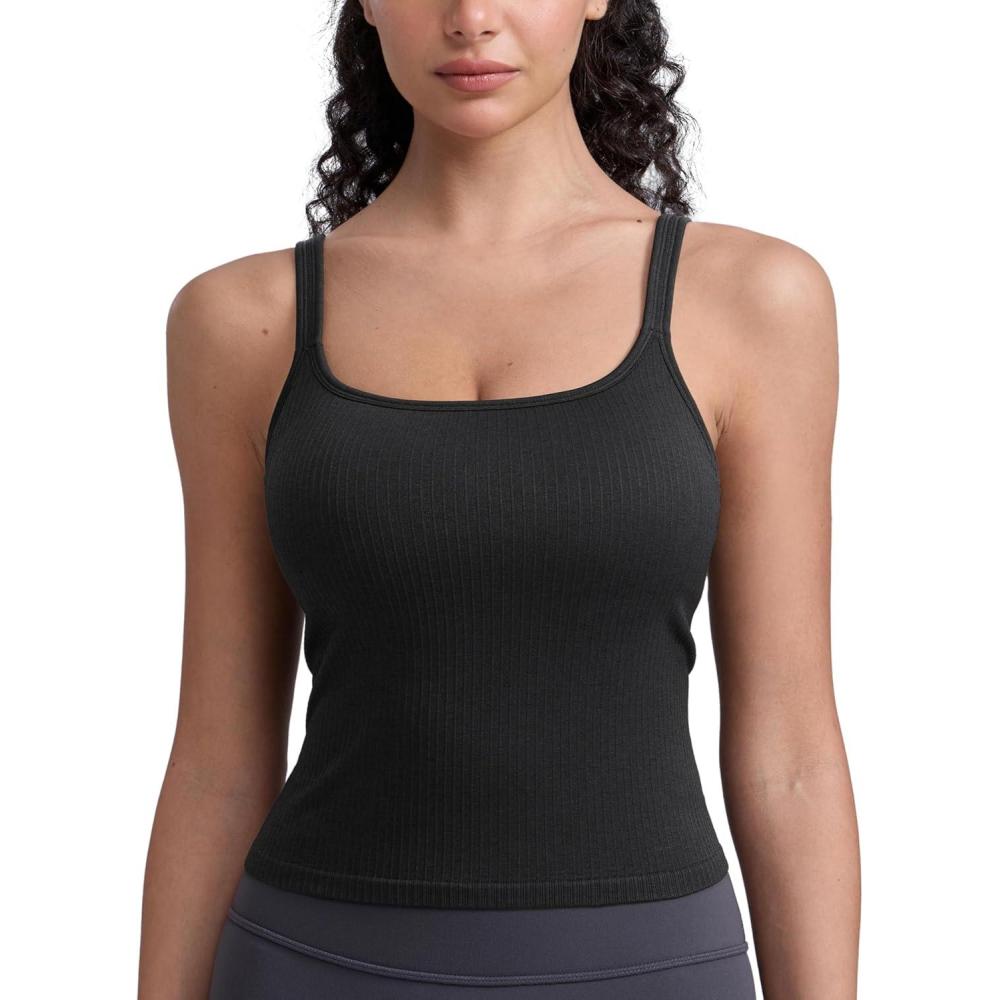 imageCRZ YOGA Seamless Womens U Neck Longline Sports Bra Thin Strap Padded Workout Crop Tank Ribbed Open Back Yoga Camisole TopBlack
