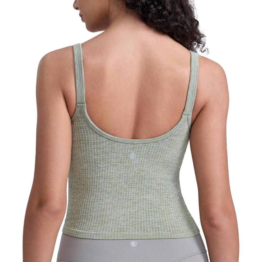 imageCRZ YOGA Seamless Womens U Neck Longline Sports Bra Thin Strap Padded Workout Crop Tank Ribbed Open Back Yoga Camisole TopDark Green