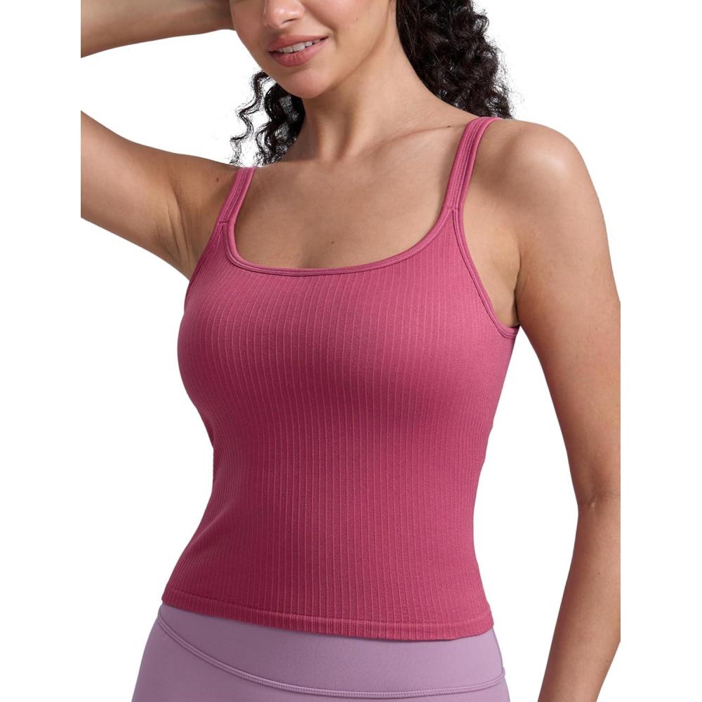 imageCRZ YOGA Seamless Womens U Neck Longline Sports Bra Thin Strap Padded Workout Crop Tank Ribbed Open Back Yoga Camisole TopWashed Mauve