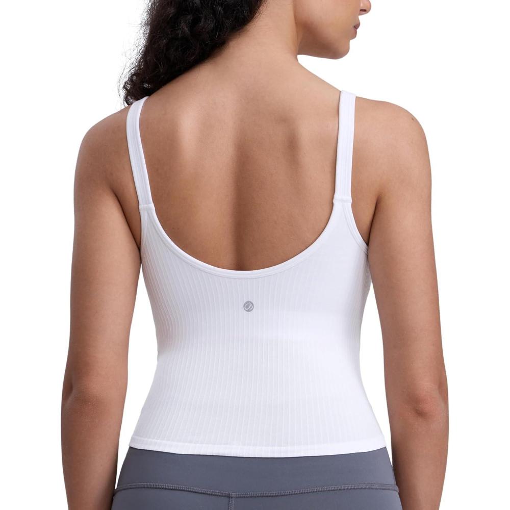 imageCRZ YOGA Seamless Womens U Neck Longline Sports Bra Thin Strap Padded Workout Crop Tank Ribbed Open Back Yoga Camisole TopWhite