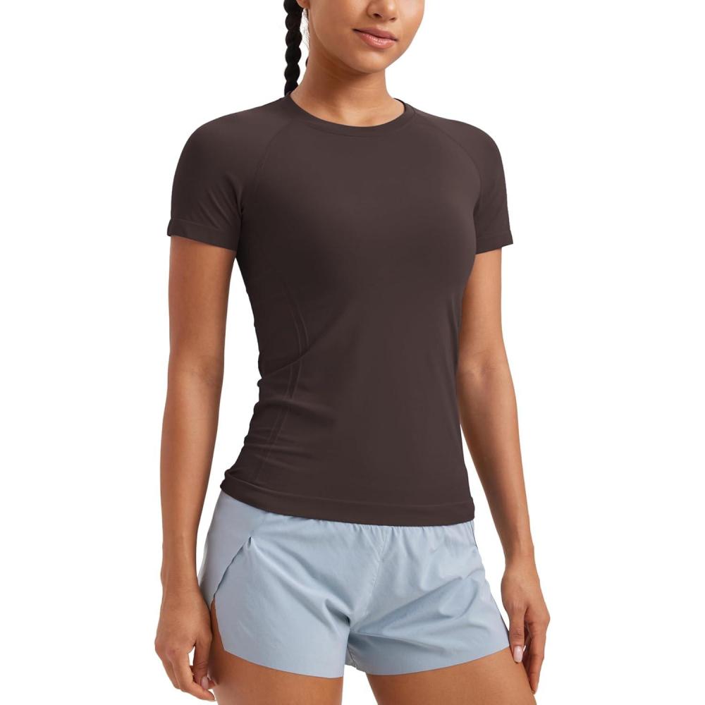 imageCRZ YOGA Seamless Workout Tops for Women Hip Length Athletic Running Gym Yoga Short Sleeve Shirts Breathable Crewneck TeesHot Fudge Brown