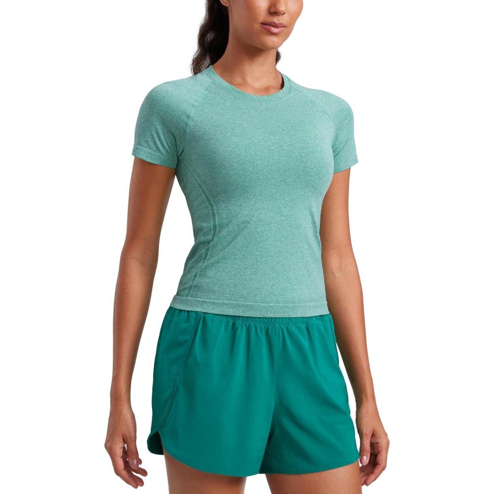 imageCRZ YOGA Seamless Workout Tops for Women Waist Running Gym Athletic Yoga Short Sleeve Shirts Breathable Basic CrewneckCascadia Green Heather