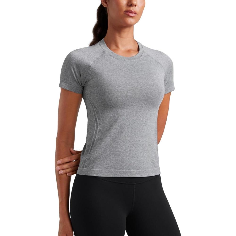 imageCRZ YOGA Seamless Workout Tops for Women Waist  Running Gym Athletic Yoga Short Sleeve Shirts Breathable Basic CrewneckSlate Grey Marl