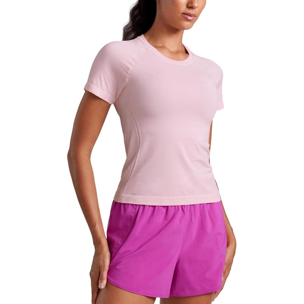 imageCRZ YOGA Seamless Workout Tops for Women Waist Running Gym Athletic Yoga Short Sleeve Shirts Breathable Basic CrewneckStrawberry Pink