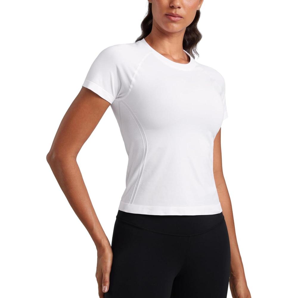 imageCRZ YOGA Seamless Workout Tops for Women Waist Running Gym Athletic Yoga Short Sleeve Shirts Breathable Basic CrewneckWhite