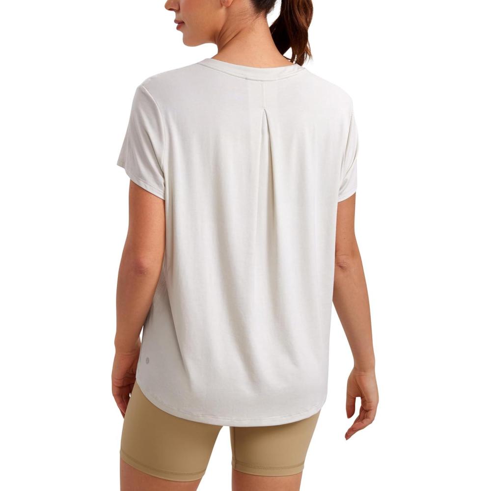 imageCRZ YOGA Short Sleeve Yoga Tops for Women Soft Loose Casual Flowy Shirts Crew Neck Workout Basic TShirtMilky White Bone