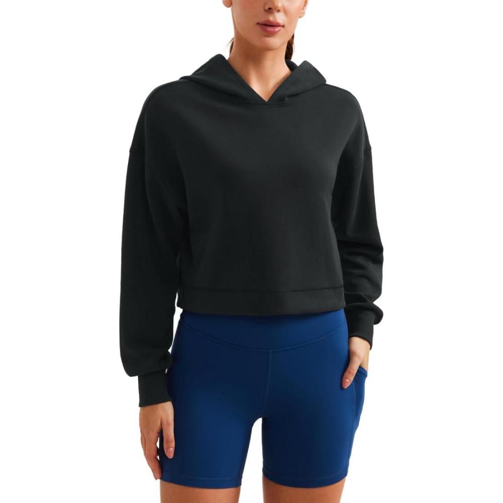 imageCRZ YOGA SoftAura Cropped Hoodies for Women Long Sleeve Pullover Basic Workout Casual Hooded SweatshirtsBlack