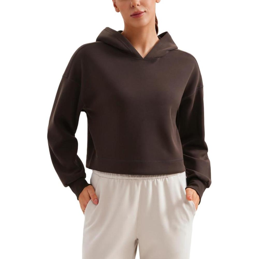 imageCRZ YOGA SoftAura Cropped Hoodies for Women Long Sleeve Pullover Basic Workout Casual Hooded SweatshirtsHot Fudge Brown
