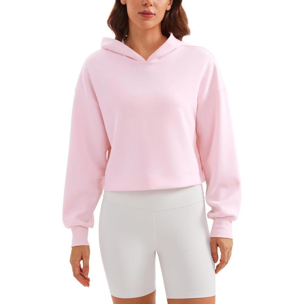 imageCRZ YOGA SoftAura Cropped Hoodies for Women Long Sleeve Pullover Basic Workout Casual Hooded SweatshirtsStrawberry Pink