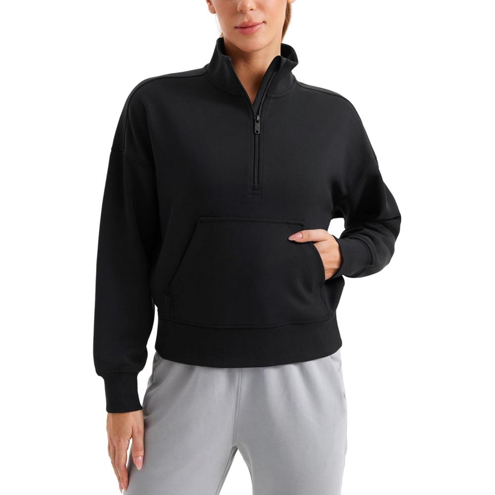 imageCRZ YOGA SoftAura Half Zip Sweatshirt for Women Pullover Workout Casual Funnel Neck Sweat Shirts with PocketBlack