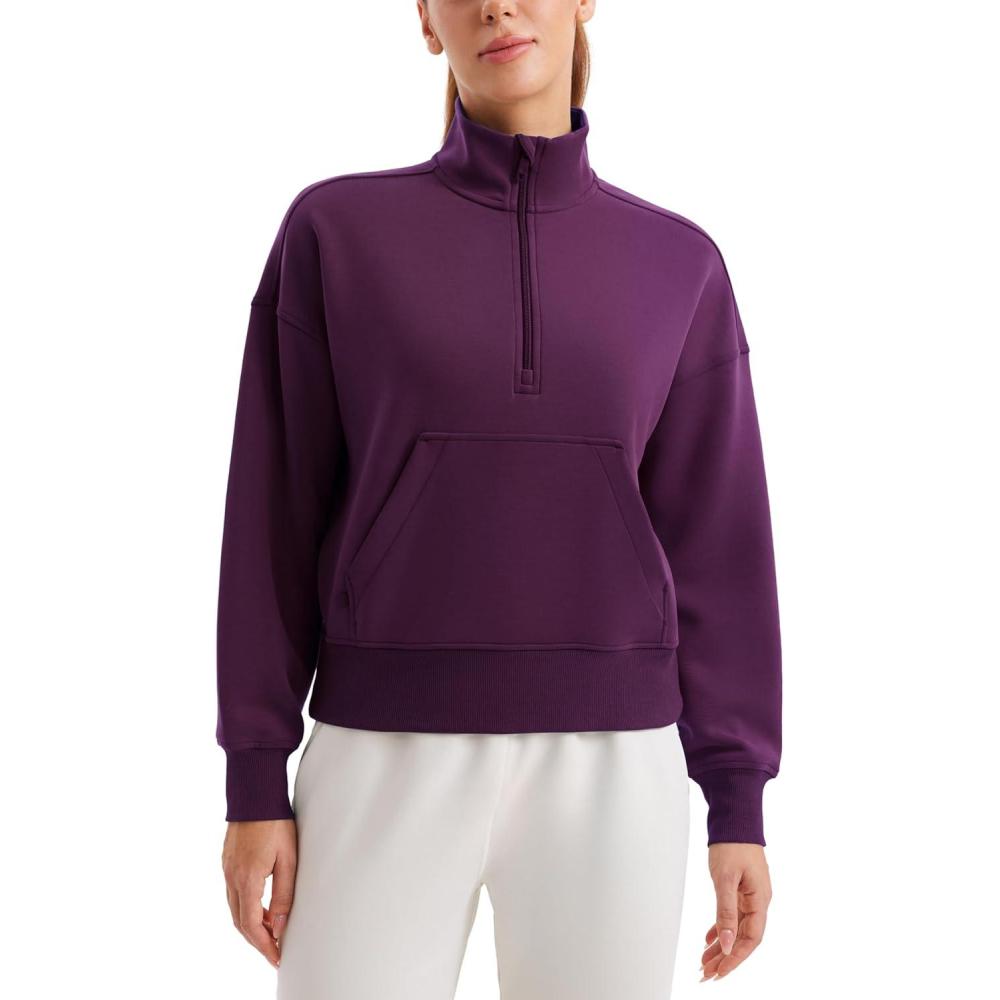 imageCRZ YOGA SoftAura Half Zip Sweatshirt for Women Pullover Workout Casual Funnel Neck Sweat Shirts with PocketPlum Magenta