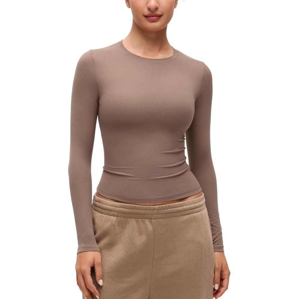 imageCRZ YOGA Softembrace Crewneck Long Sleeve Shirts for Women Casual Going Out Tops Soft Basic Fitted Tight Fall TShirtsBrown Purple