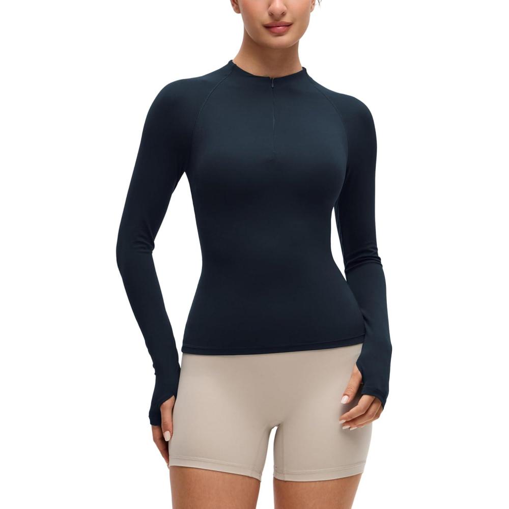imageCRZ YOGA Softembrace Half Zip Long Sleeve Shirts for Women Casual Going Out Tops Soft Quarter Zipper Tees with Thumb HolesTrue Navy