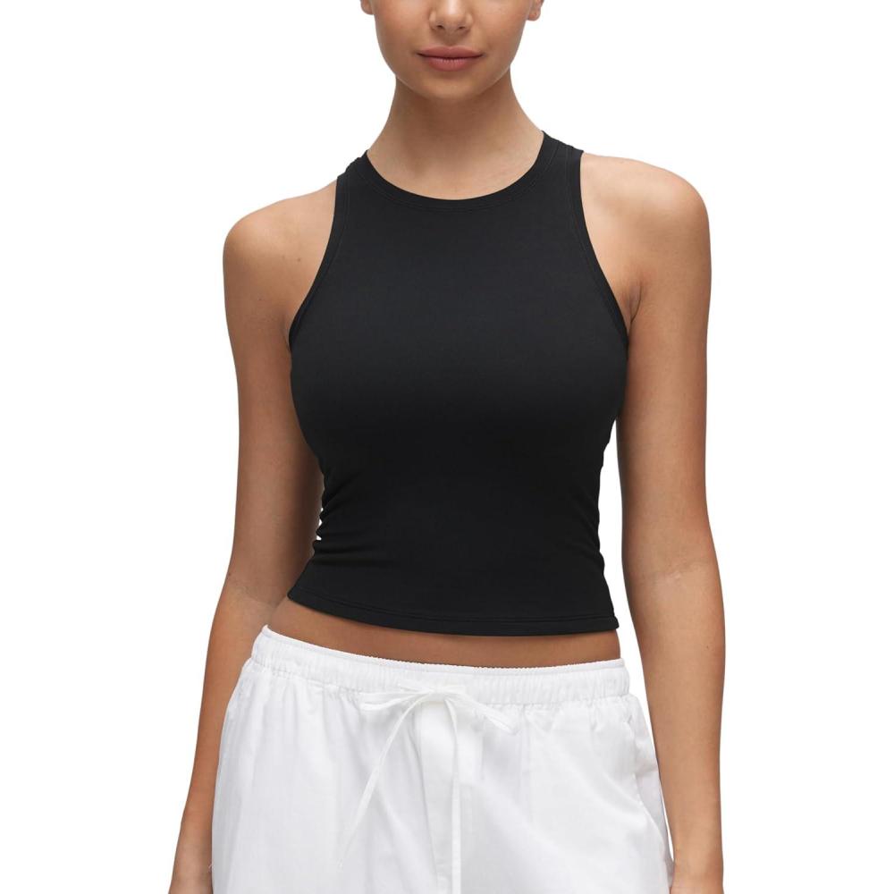 imageCRZ YOGA Softembrace High Neck Tank Tops for Women Casual Going Out Soft Double Lined Basic Summer Sleeveless ShirtsBlack