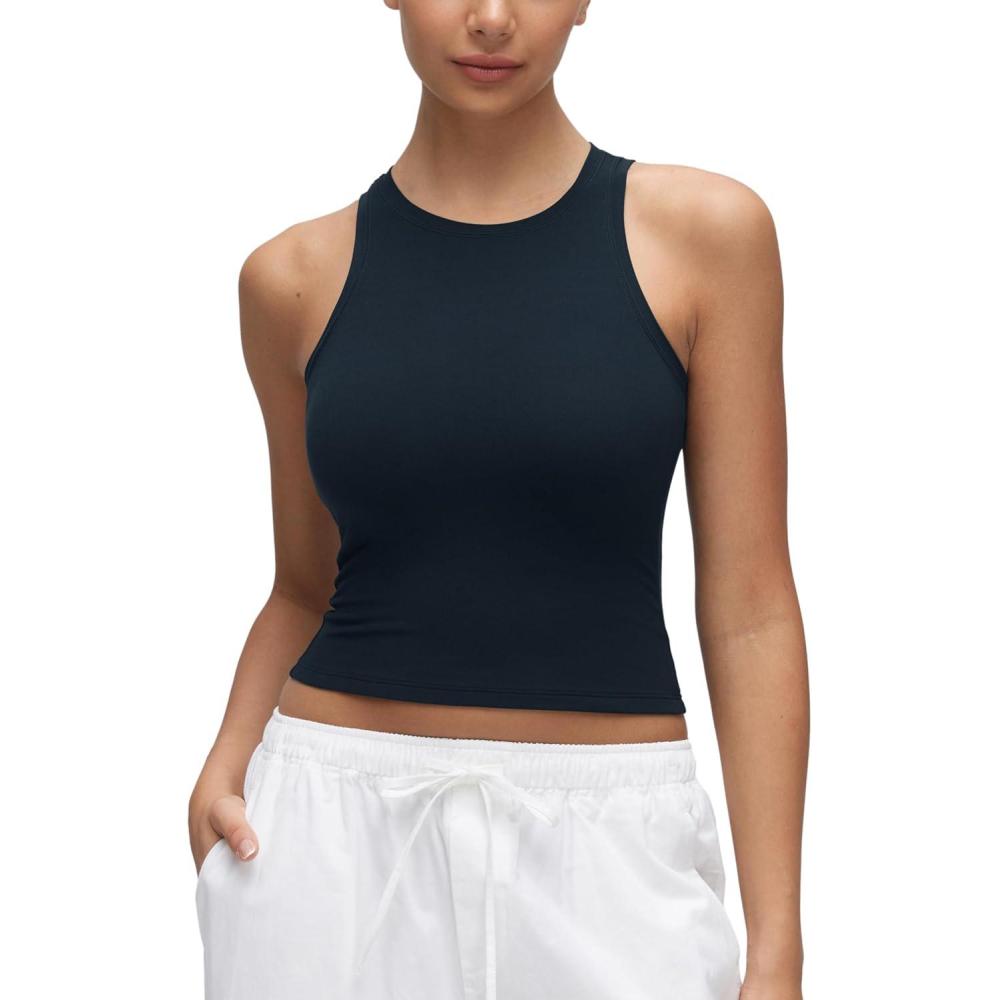 imageCRZ YOGA Softembrace High Neck Tank Tops for Women Casual Going Out Soft Double Lined Basic Summer Sleeveless ShirtsTrue Navy