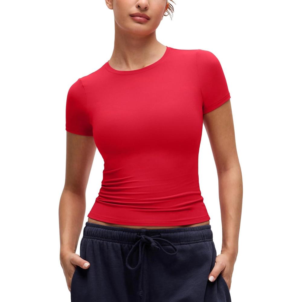 imageCRZ YOGA Softembrace High Neck Tops for Women Soft Casual Going Out Shirts Crewneck Tight Basic Short Sleeve TShirtAurora Red