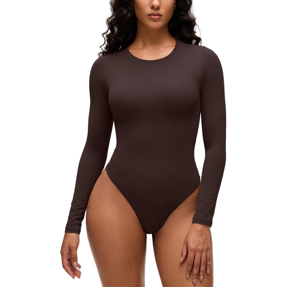 imageCRZ YOGA Softembrace Long Sleeve Bodysuits for Women Crewneck Basic Casual Travel Thong Body Suits Fitted TopsHot Fudge Brown